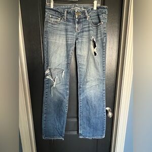 American Eagle Outfitters Blue Straight Leg Jeans with Distressed Detail